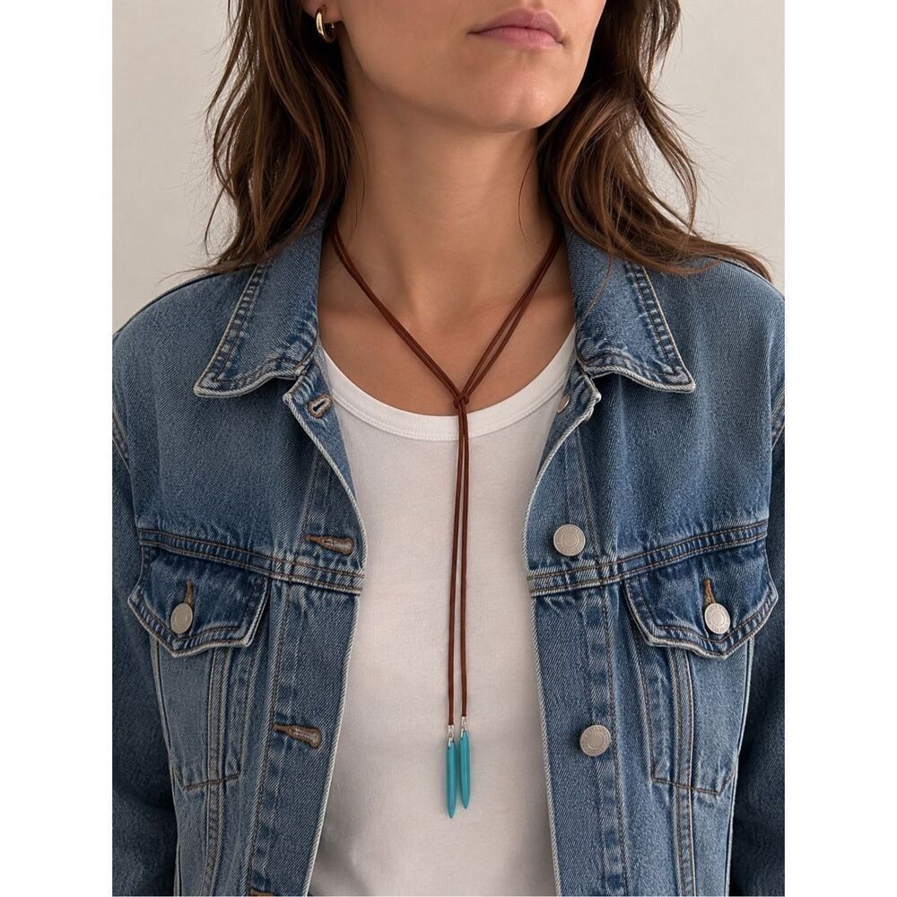 Western Lariat Bolo Necklace Brown Cord Turquoise Drops
